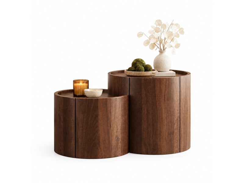  Table basse ronde avec portes incurvées, tiroirs et plateaux de rangement en panneau de particules pour salon, noyer  - Conforama A