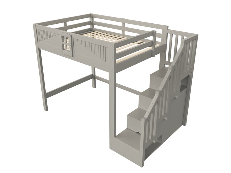 Lit mezzanine 140x200 cm en bois massif - rangement avec échelle réversible - garde-corps avec fenêtre - gris - Conforama W