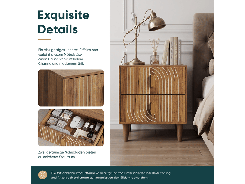  Table de chevet bohème à quatre pieds avec 2 tiroirs, table de chevet à incrustations géométriques, brunoyer  - Conforama W