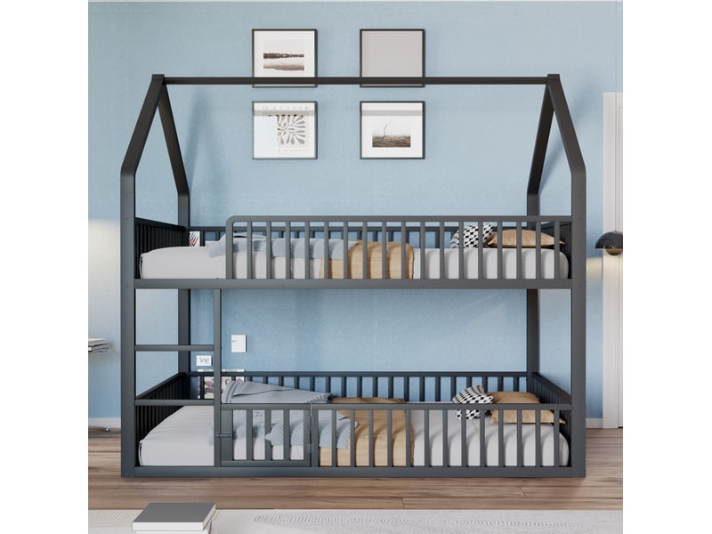 Lit superposé enfant 140 x 200 cm en métal noir avec échelle et porte ouvrante - Conforama E