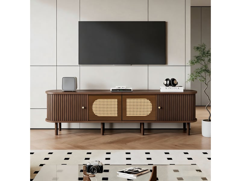 Meuble tv 2 portes rotin + 2 portes coulissantes, 180x40x40 cm, en mdf, noyer foncé  - Conforama W