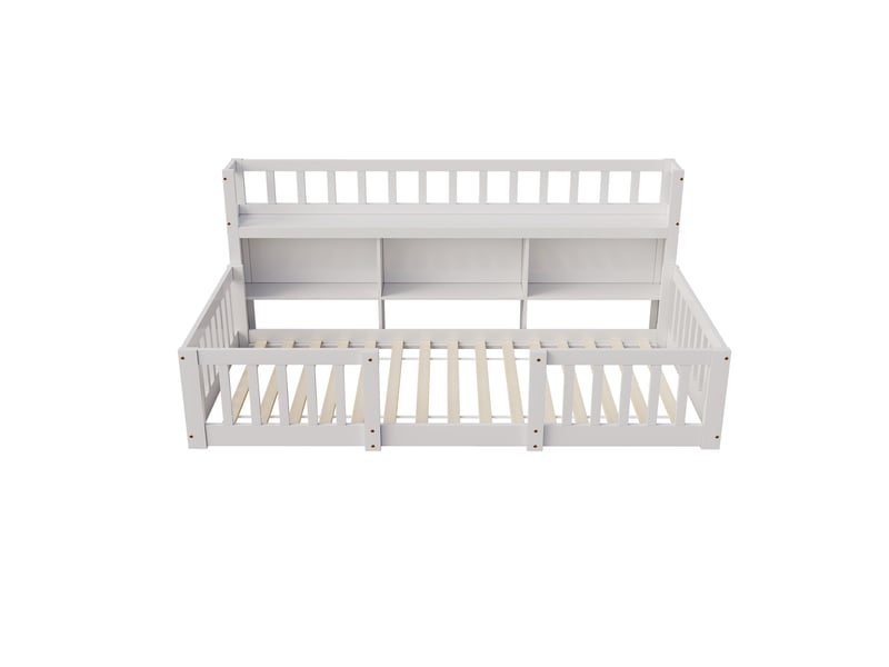  Lit enfant au sol 90x200(90x190) cm, lit simple avec bibliothèque et barrière, lit  montessori, bois, style scandinave moderne, blanc  - Conforama A