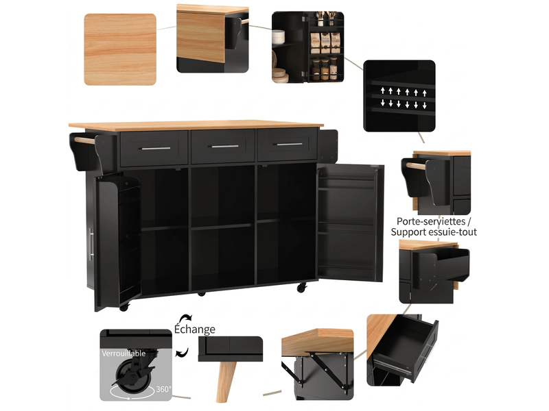  Desserte de cuisine noire et bois, plateau rabattable 139cm  - Conforama E
