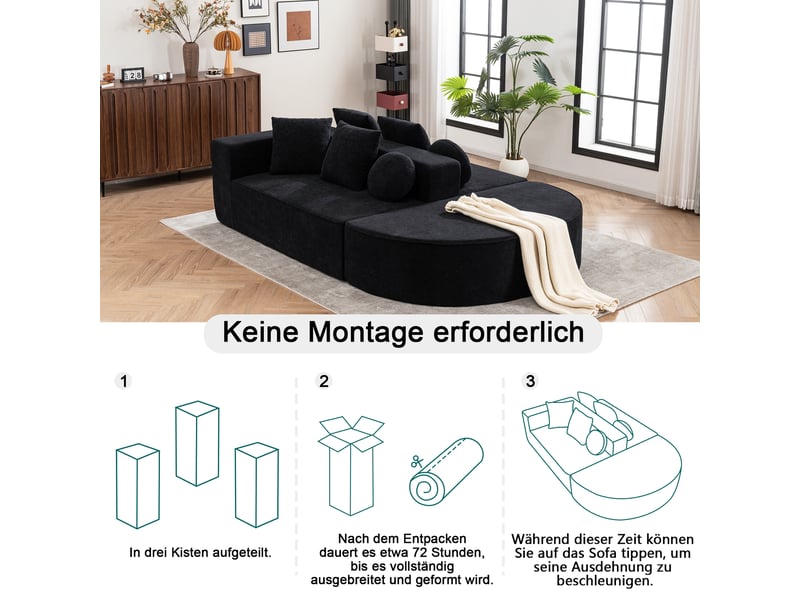 Canapé modulaire noir en tissu chenille moelleux et confortable - s'adapte facilement à tout espace et pas de montage nécessaire 263x171x66cm - Conforama D