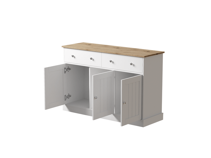  Buffet 120x36x80,5 cm blanc et couleur bois, 3 portes 2 tiroirs en panneau de particules pour rangement  - Conforama E