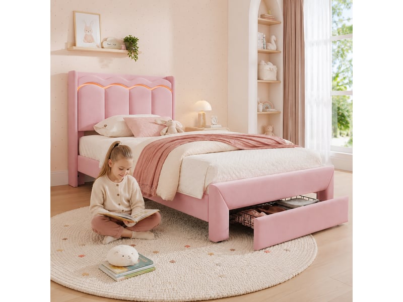 Lit enfant capitonné 90 x 200 cm rose avec tiroir en pied de lit, tête de lit ondulée, surface d’appui, éclairage led par application, charge 220 kg  - Conforama B
