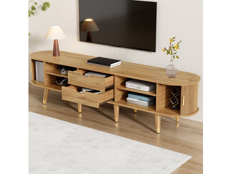  Meuble tv 175 x 38 x 45 cm avec portes coulissantes, rangements et finition bois  - Conforama D