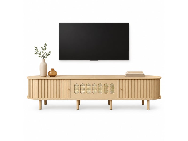  Meuble tv 180x40x40 cm portes à rideau mdf naturel  - Conforama A