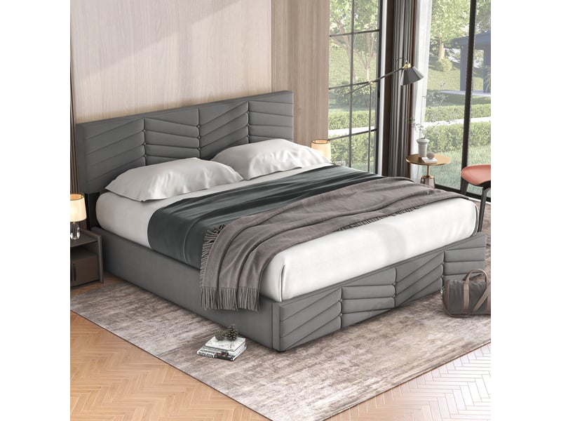 Lit 180x200 cm velours gris – tête de lit réglable et rangement intégré, confort premium - Conforama E