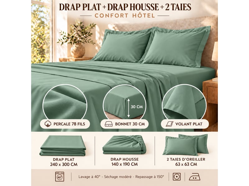  Ensemble literie 4 pièces drap plat 240 x 300 cm + drap housse 140x190 cm + 2 taies 63x63 cm percale 78 fils tilleul  - Conforama E