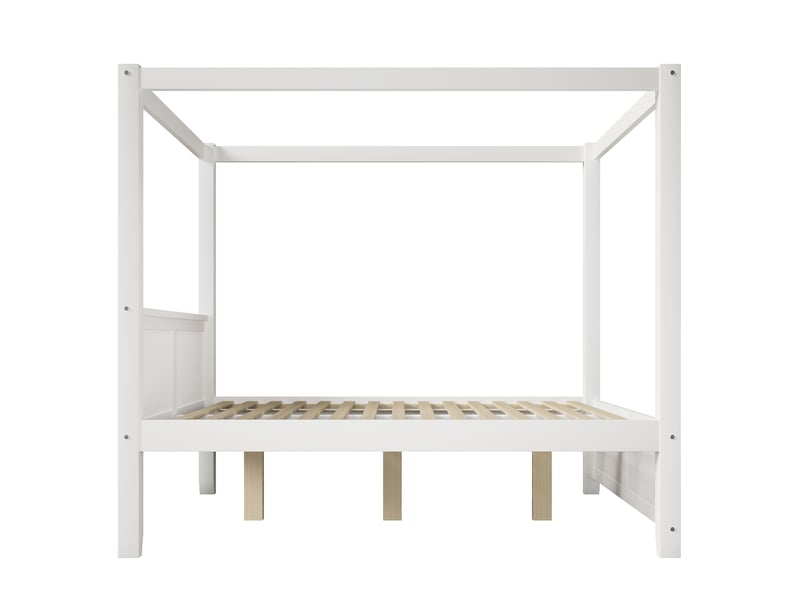  Lit à baldaquin 140x200 cm, structure de toit décorative, tête et pied de lit à lattes verticales, cadre en bois, blanc ABC - Conforama D