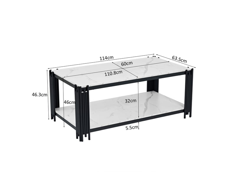  Table basse avec 2 étagères et plateau imitation marbre, en mdf et métal, blanc et noir, 114 × 64 × 46 cm  - Conforama D