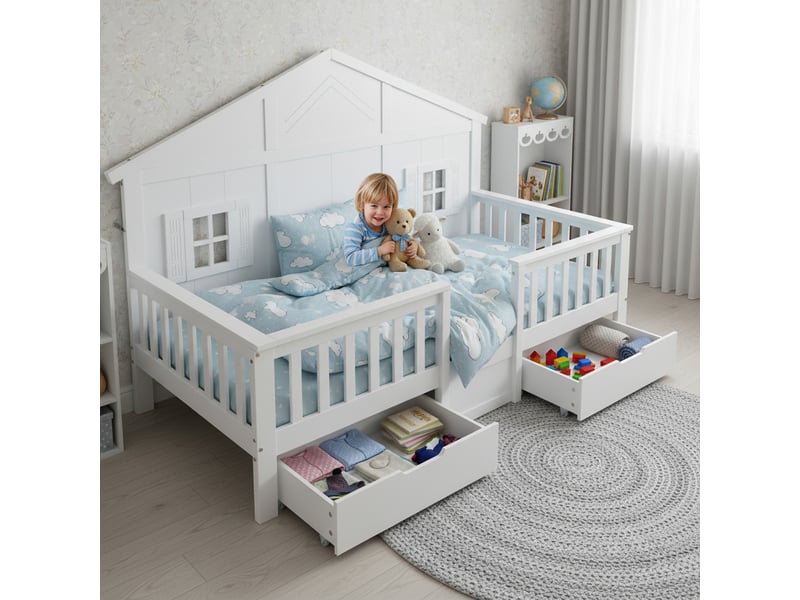  Lit cabane enfant avec tiroirs de rangement toit et fenêtre lit maison en bois sommier inclus  - Conforama B