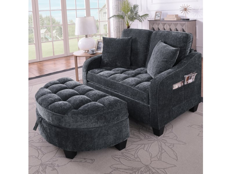  Canapé-lit convertible modenvie 1 place avec pouf de rangement 132 x 129 x 93 cm chenille noir  - Conforama B