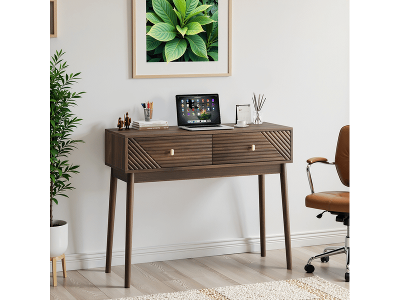  Console 100x35x80 cm – noyer foncé – 2 tiroirs à relief ondulé, rangement et style rétro moderne  - Conforama B