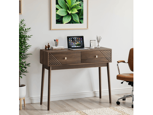 Console 100x35x80 cm – noyer foncé – 2 tiroirs à relief ondulé, rangement et style rétro moderne