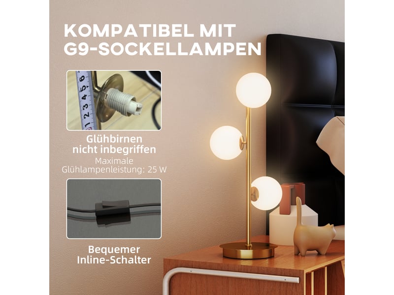  Lampe de table à 3 abat-jour globe, avec base stable en acier, douilles g9, 24 x 24 x 53 cm, laiton  - Conforama E