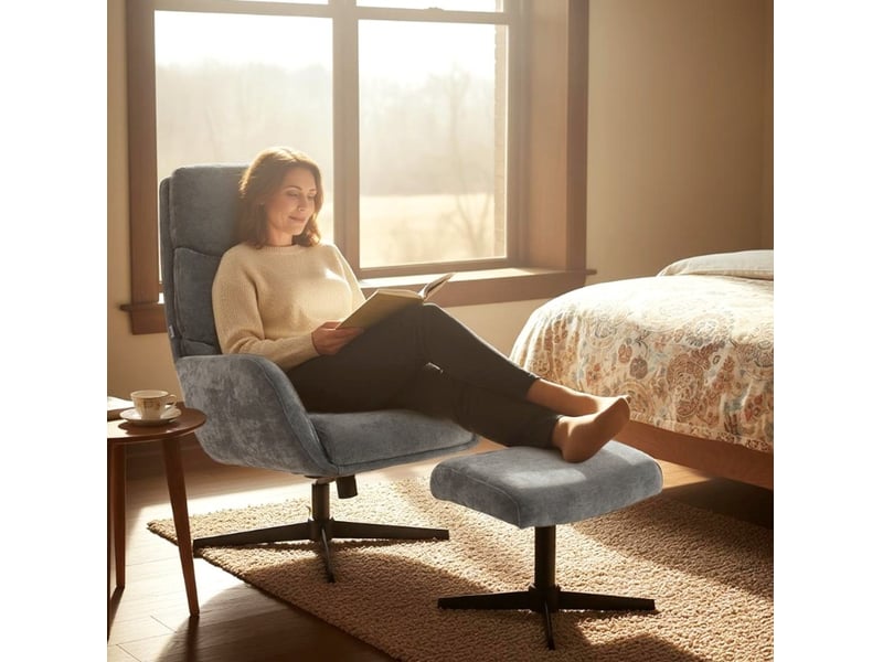  Fauteuil relax à bascule avec repose-pieds, dossier haut et base en métal gris pour salon et chambre  - Conforama D