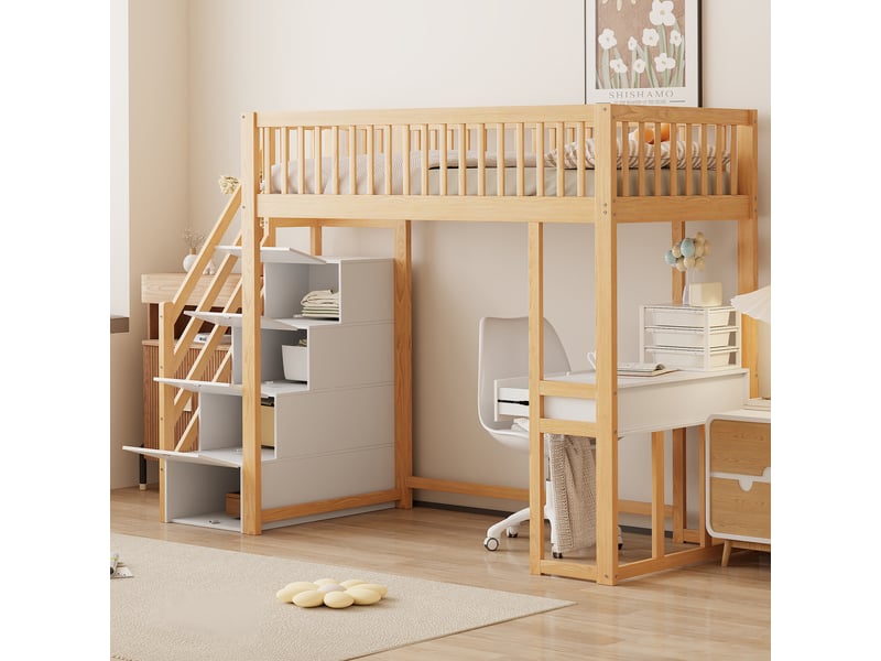  Lit surélevé en bois 90 x 200 cm avec table multifonction, escalier sécurisé et rangements, blanc et chêne clair  - Conforama C