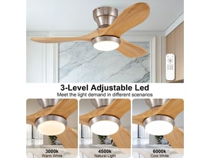 Ventilateur de plafond 90 cm sans éclairage 3 pales bois massif naturel réversible 6 vitesses télécommande silencieux