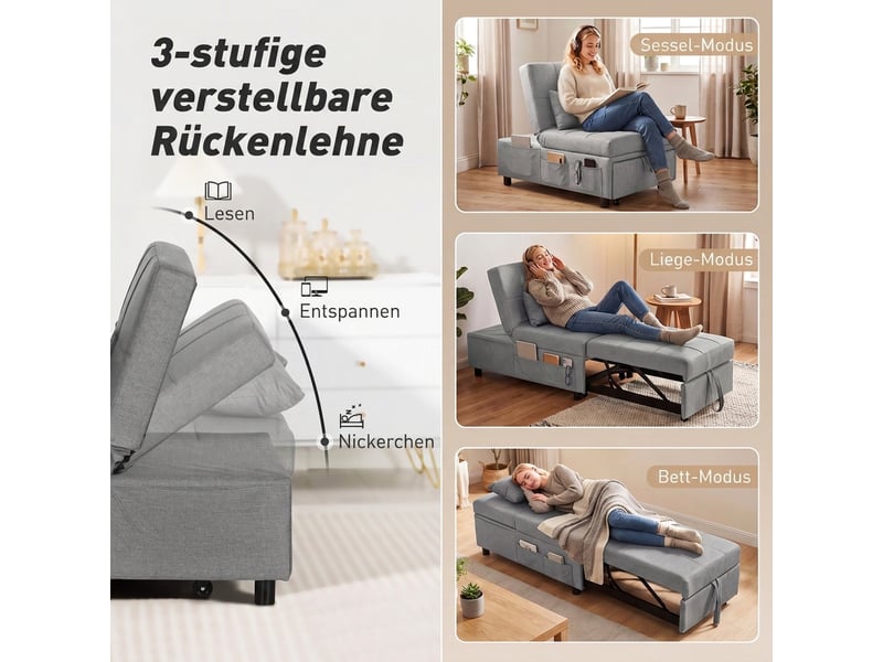  Fauteuil convertible 4 en 1 avec roulettes tissu gris clair 65,5 x 104 x 81 cm  - Conforama E