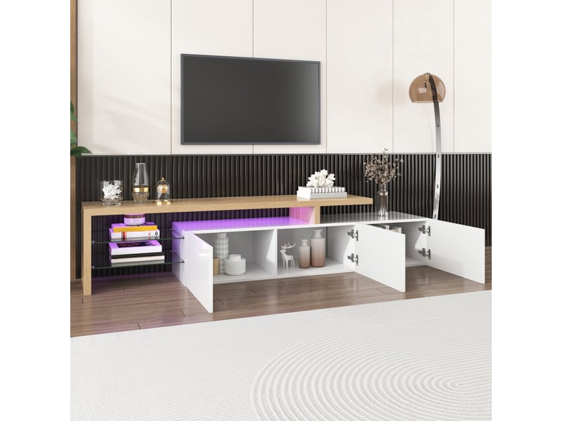  Meuble tv avec portes et niches ouvertes, 197,5 x 39 x 42 cm, éclairage led, tablettes en verre et façade brillante, mdf, blanc Morn Vibe - Conforama D