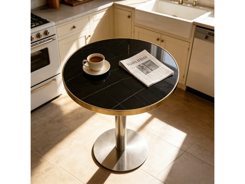  Table d'appoint ronde,60x60x74 cm,mdf et acier inoxydable,noir effet marbre et doré  - Conforama E