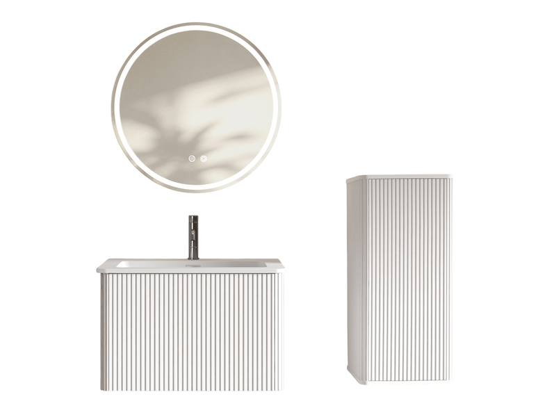  Meuble sous vasque avec miroir led et colonne murale, vasque et rangement pour salle de bain, blanc mat  - Conforama A
