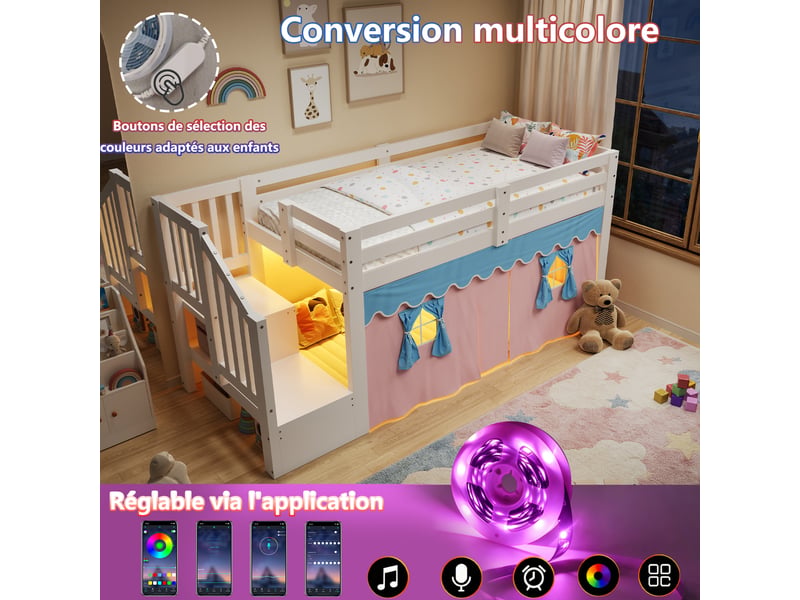  Lit mi-hauteur 90 x 200 cm en pin, rideaux occultants, espace ouvert sous le lit, led, blanc evarich - Conforama D