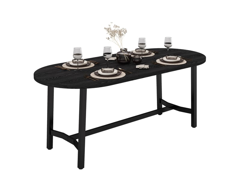  Table à manger 180x80x75 cm, style organique, bords arrondis, matériau mdf avec cadre métal, finition noire, pour 6 à 8 personnes  - Conforama A