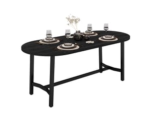 Table à manger 180x80x75 cm, style organique, bords arrondis, matériau mdf avec cadre métal, finition noire, pour 6 à 8 personnes