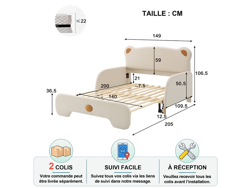  Lit enfant gigogne 2 places 140×200 cm et 140×105 cm - okmyhome- velours beige, bords souples, sans matelas  - Conforama D