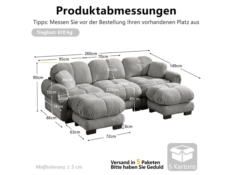  Canapé modulable modenvie 3 places en u avec ottomane mobile et 2 coussins décoratifs, tissu chenille gris clair 260 x 149 x 90 cm  - Conforama C