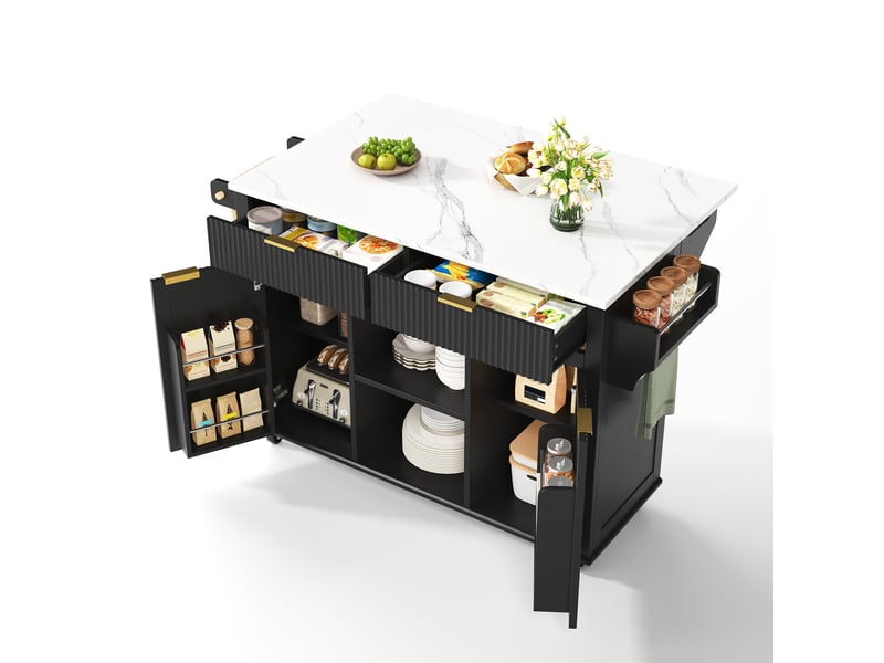  Îlot de cuisine sur roulettes avec plan rabattable 2 tiroirs 2 portes noir et naturel  - Conforama B