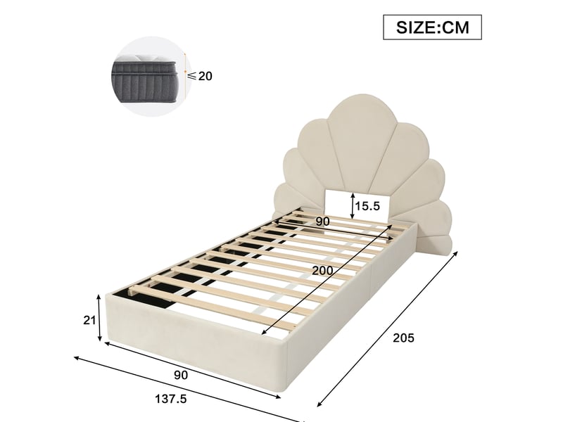  Modenvie lit simple capitonne 90x200 cm - tete de lit fleurie, sommier inclus, sans matelas - beige  - Conforama C