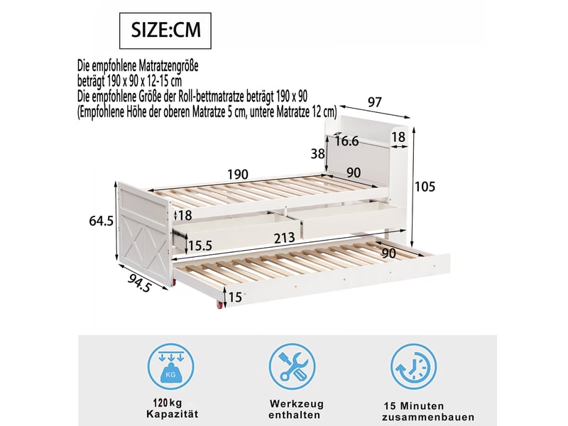 Lit simple 90x190 en bois massif avec tiroirs et lit gigogne, lit enfant blanc multifonction avec rangement et prise usb. - Conforama R