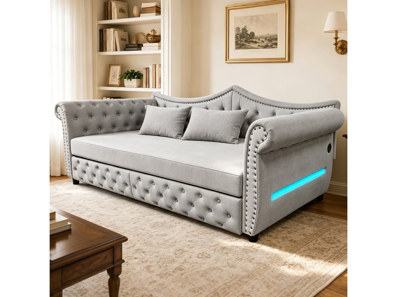  Lit banquette 90 x 200 cm avec 2 tiroirs, led et usb, canapé-lit rembourré en velours gris avec clous décoratifs et sommier à lattes pour salon  - Conforama C