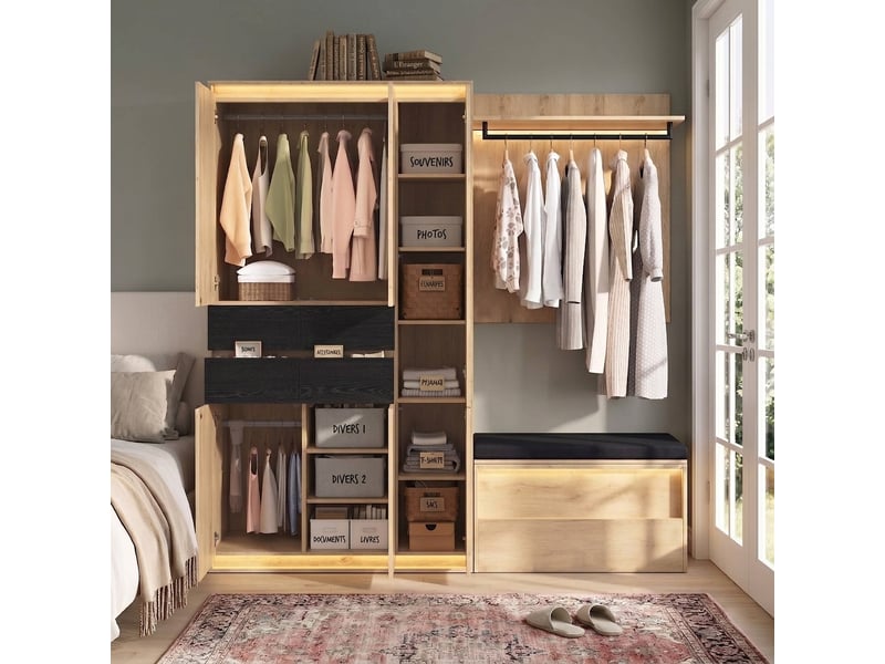  Armoire 4 portes blanche 135x200cm avec led et prise intégrée, 5 tiroirs 2 tringles, meuble chambre moderne  - Conforama B