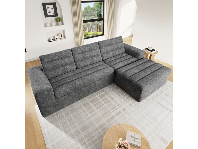  Canapé d'angle modulable 4 places avec pouf - chenille gris clair - 253x161 cm - sans cadre  - Conforama C