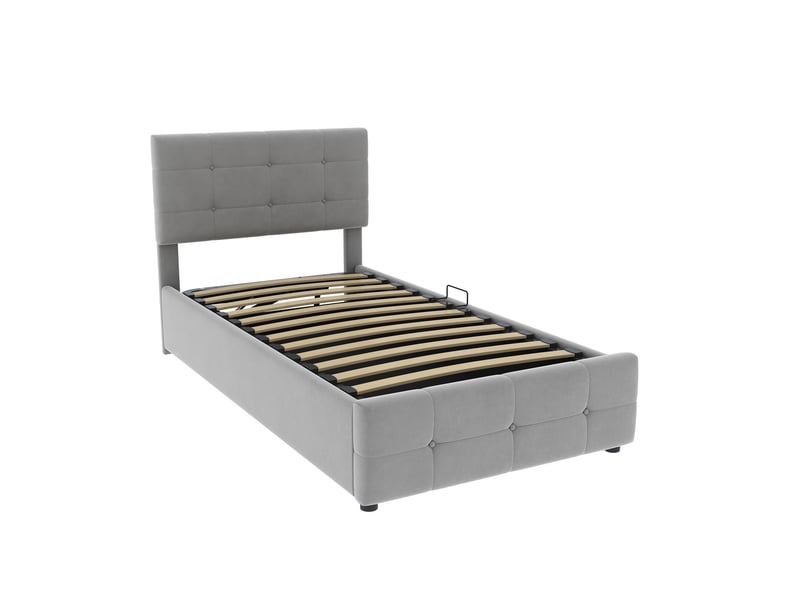  Lit coffre simple 90x200 cm avec tête réglable, velours, gris, sans matelas  - Conforama R