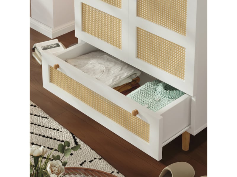 Placard bois blanc effet rattan 80x50x180 cm, armoire à linge avec tringle et tiroir, chambre enfant ou couloir - Conforama D