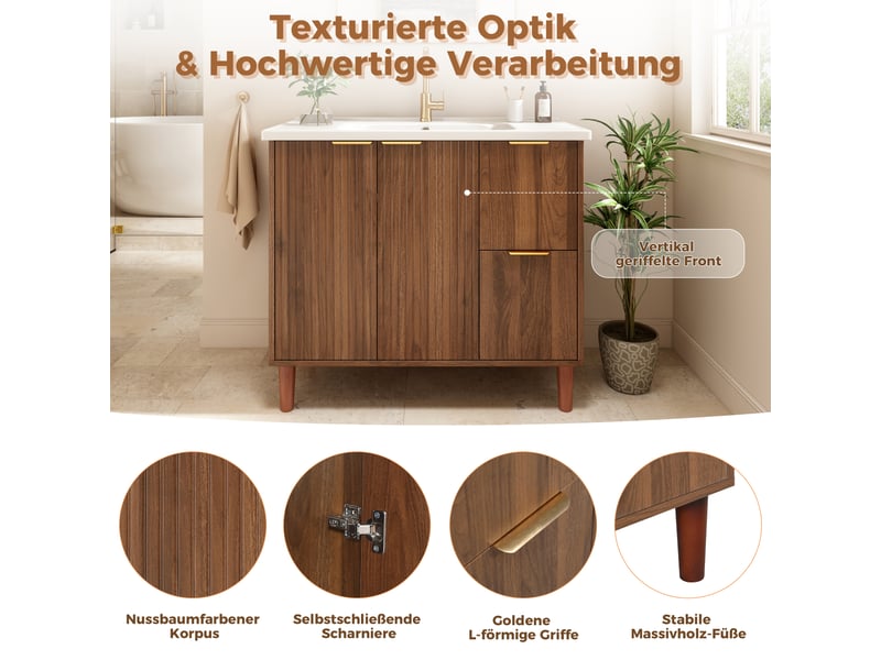  Meublede salle de bain 91 cm avec vasque céramique, 91 x 47 x 87 cm,noyer,panneau mdf,portes battantes et tiroirs, façade cannelée  - Conforama E