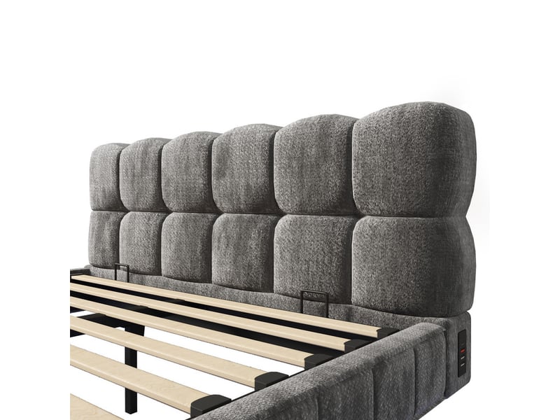 Lit rembourré 140x200cm, design bubble nuage suspendu, coffre hydraulique, led, charge usbtype-c, chenille gris - Conforama E