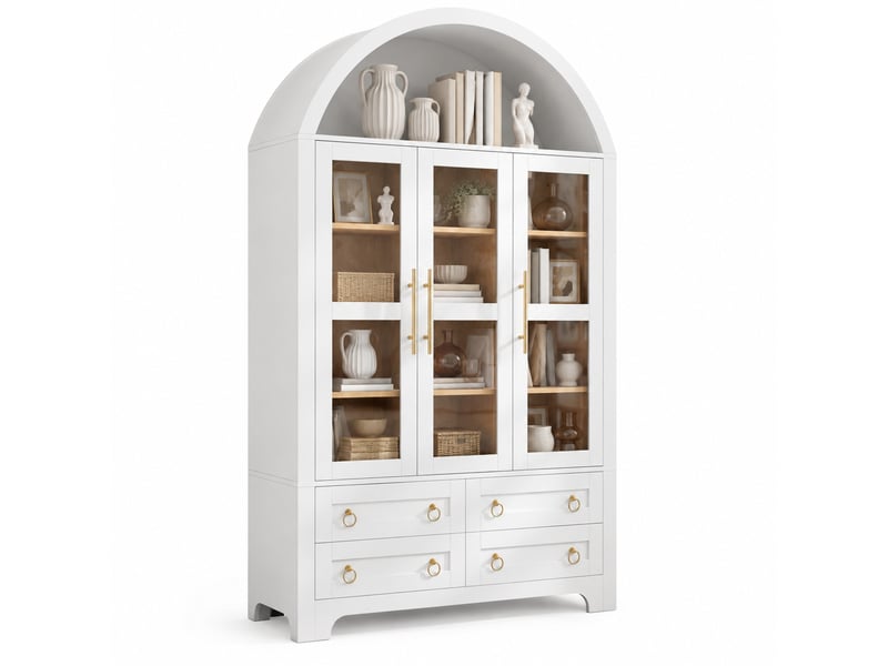  Buffet et enfilade avec 3 portes vitrées, 4 tiroirs et niche ouverte en arc, pour salon, blanc, 110 × 40 × 185 cm  - Conforama A