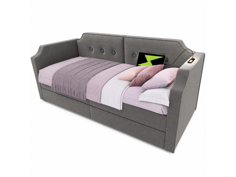  Lit banquette 90x200 cm en velours gris avec 2 tiroirs, usb type-c et liseuse  - Conforama A