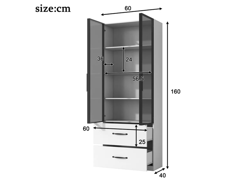  Vitrine en verre avec éclairage led, bibliothèque blanche avec portes en verre et 2 tiroirs, meuble vitrine 60x40x160 cm.  - Conforama C