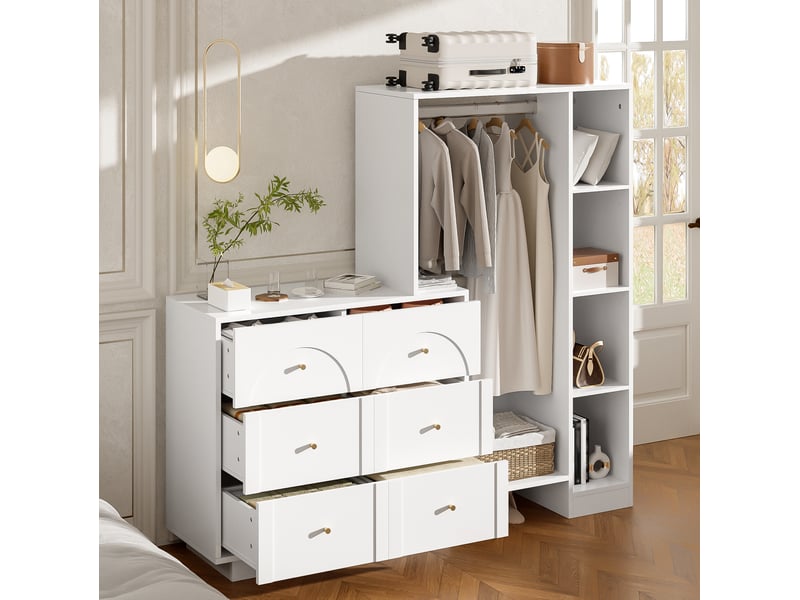 Armoire de rangement ouverte avec penderie, 6 tiroirs et étagères latérales pour chambre, blanche, 139 × 35 × 133 cm  - Conforama B