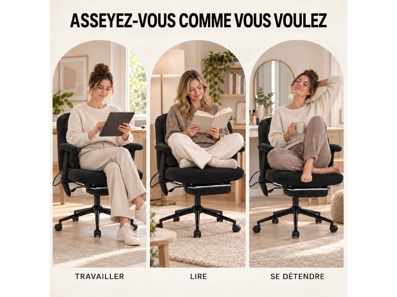  Fauteuil de bureau ergonomique en tissu respirant, coussin lombaire gonflable réglable, assise large pour s’asseoir, noir  - Conforama D