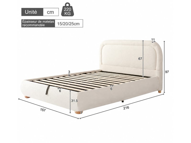  Lit coffre rembourré 140x200 cm en bouclé beige, lit double avec rangement hydraulique et sommier à lattes  - Conforama C