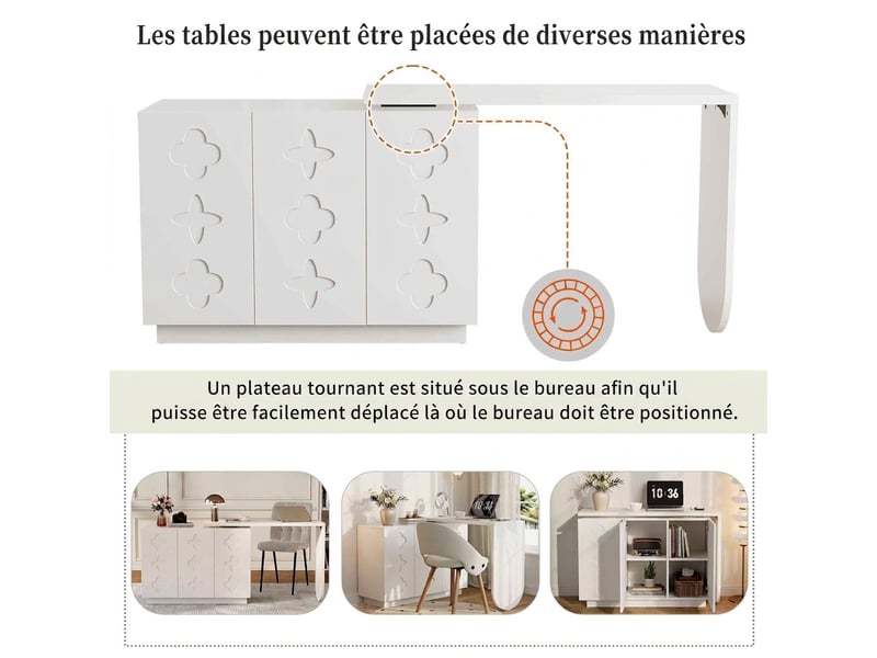  Bureau, bureau informatique d'angle pivotant en l, table de bureau, coiffeuse, blanc 110 cm  - Conforama C